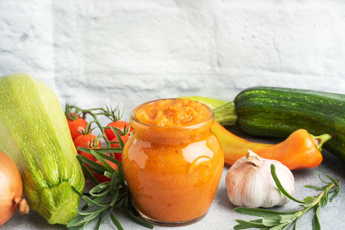 Баночка кабачковой икры и свежие овощи